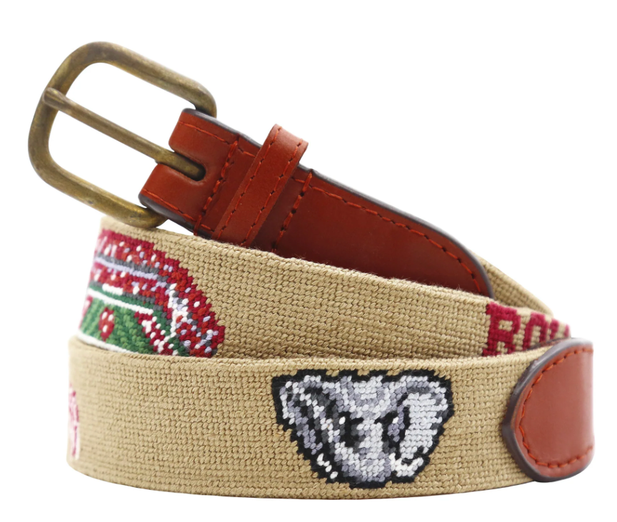 Alabama Crimson Tide “Roll Tide” Needlepoint Belt – Khaki Game Day Leather Belt